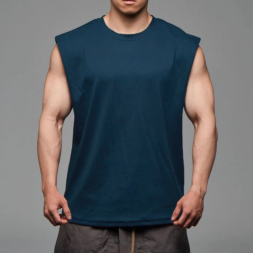 New Men O-neck Tank Top Pure Color Cotton Summer Vest Gym Muscle Bodybuilding Streetwear Sleeveless Shirt Workout Fitness Sport
