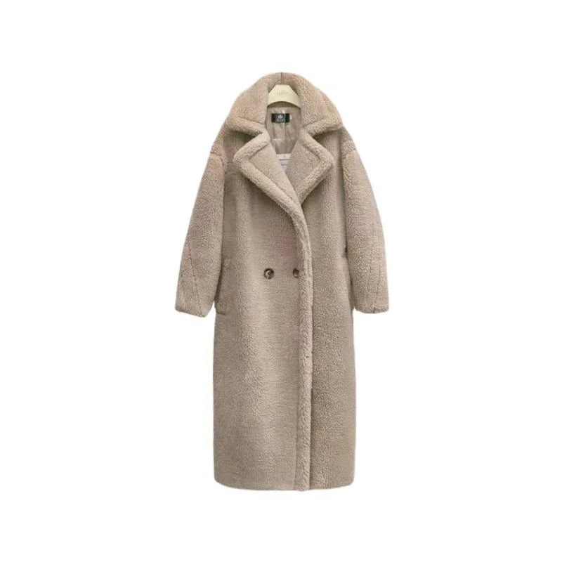 Faux Fur Coats Women Lamb Wool Long Coat Thick Warm Elegant Maxi Turn Down Collar Spring Outerwear Autumn Winter Jackets