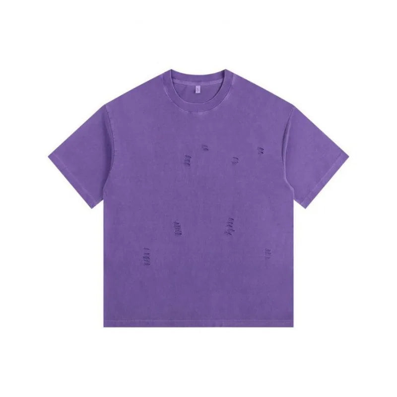 2024 New Ripped Crew Neck Short Sleeve Loose Casual T-Shirt Men's and Women's Same Retro Fashion Bottom Shirt Oversized T Shirt