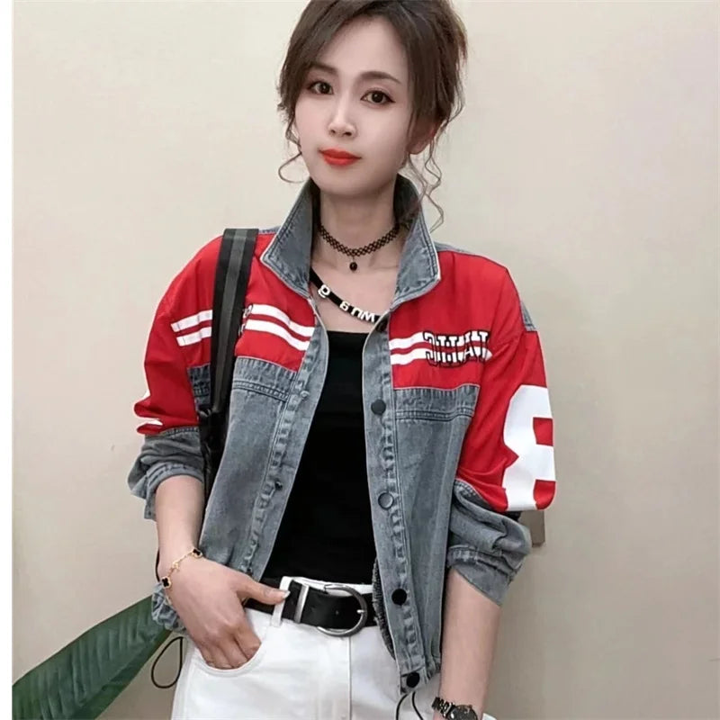 Denim Jacket Women's 2025Spring Autumn New European Fashion Cowboy Coat Female Trend Contrast Jeans Outwear Design Sense Outcoat