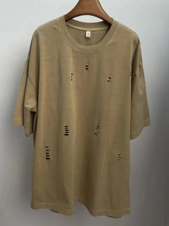 2024 New Ripped Crew Neck Short Sleeve Loose Casual T-Shirt Men's and Women's Same Retro Fashion Bottom Shirt Oversized T Shirt