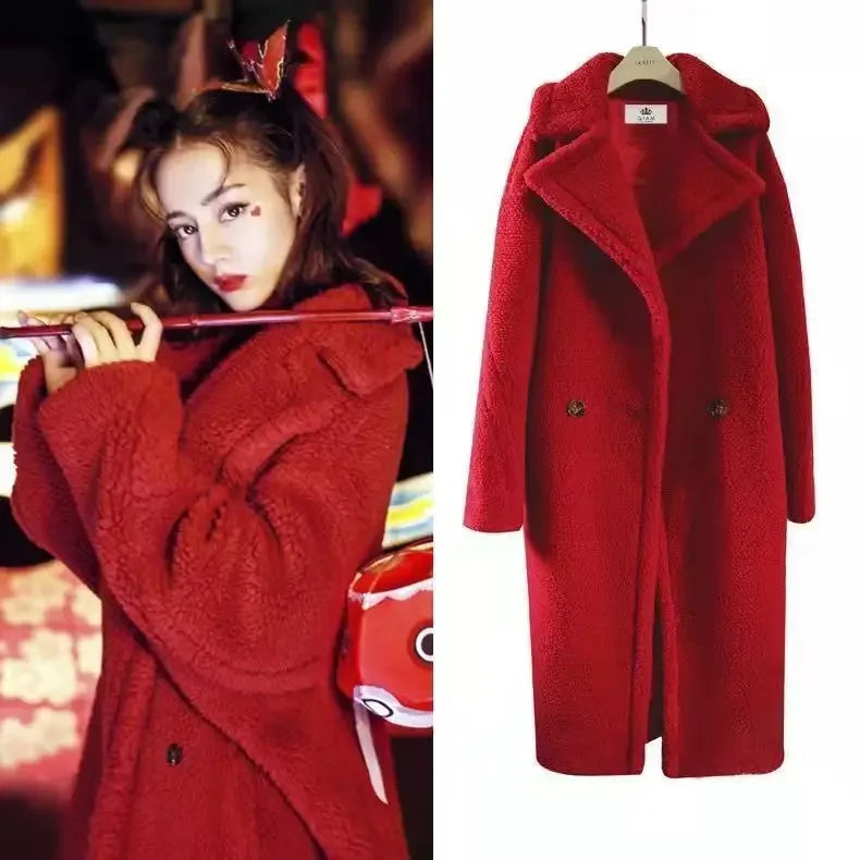 Faux Fur Coats Women Lamb Wool Long Coat Thick Warm Elegant Maxi Turn Down Collar Spring Outerwear Autumn Winter Jackets
