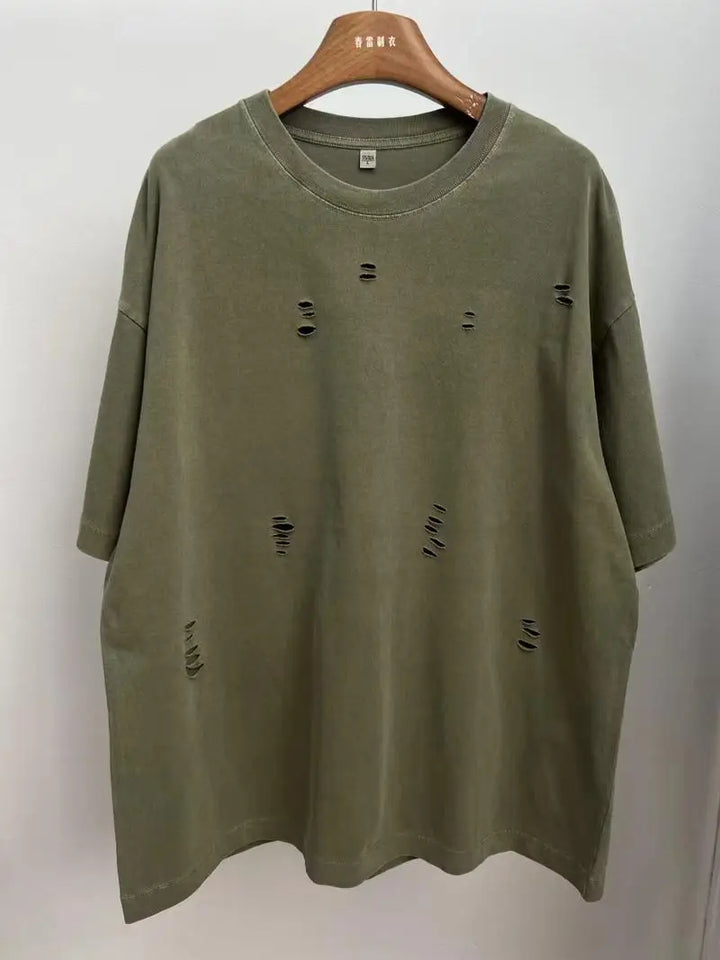 2024 New Ripped Crew Neck Short Sleeve Loose Casual T-Shirt Men's and Women's Same Retro Fashion Bottom Shirt Oversized T Shirt