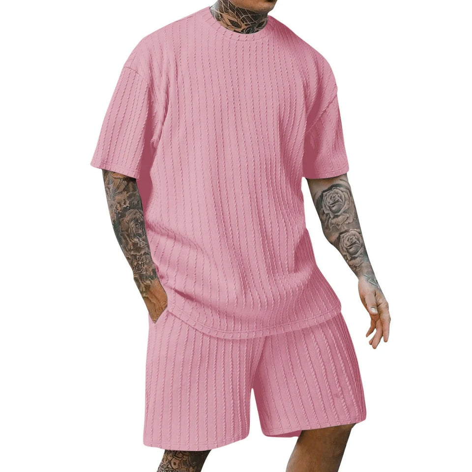 Men's new fashion summer sports solid color crew-neck vertical stripe T-shirt shorts short-sleeved suit Loose two-piece set