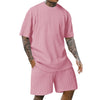 Men's new fashion summer sports solid color crew-neck vertical stripe T-shirt shorts short-sleeved suit Loose two-piece set