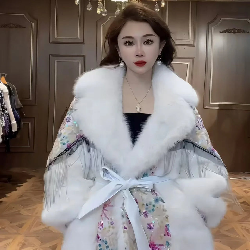 Faux Fur Coat for Women,Adjustable Waist Jacket,Thick Warm Female Clothes,Big Fur Collar,Sequins，Autumn and Winter, 2024