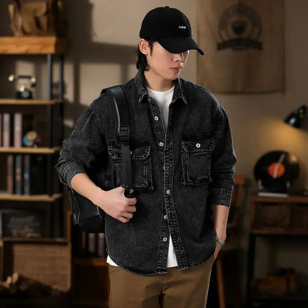 Men Fashion Denim Jackets Coats Loose Fit Pockets Solid Turn Down Collar Full Sleeve Regular Jacket Spring 2025 Causal Clothing