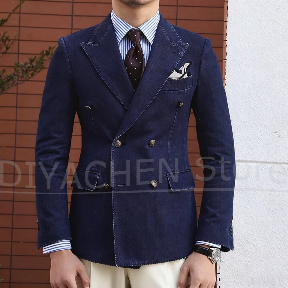 Elegant Denim Men's Jackets 1 Piece Double Breasted Peak Lapel Mens Clothing Blazer Fashion Casual Daily Office Basic Coat