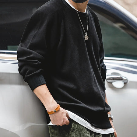 Maden Vintage Crew Neck Sweatshirt for Men Solid Color Cotton Pullover Male Basic Style Black Sweatshirt Autumn Outerwear