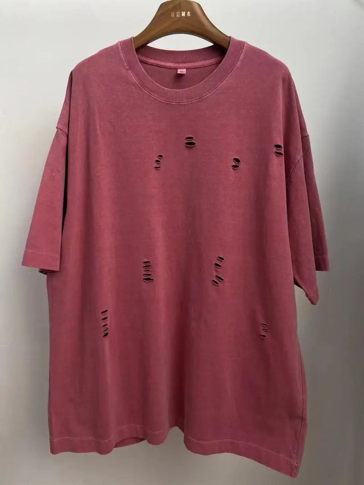 2024 New Ripped Crew Neck Short Sleeve Loose Casual T-Shirt Men's and Women's Same Retro Fashion Bottom Shirt Oversized T Shirt