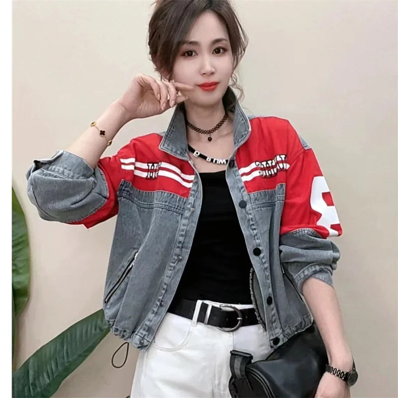 Denim Jacket Women's 2025Spring Autumn New European Fashion Cowboy Coat Female Trend Contrast Jeans Outwear Design Sense Outcoat