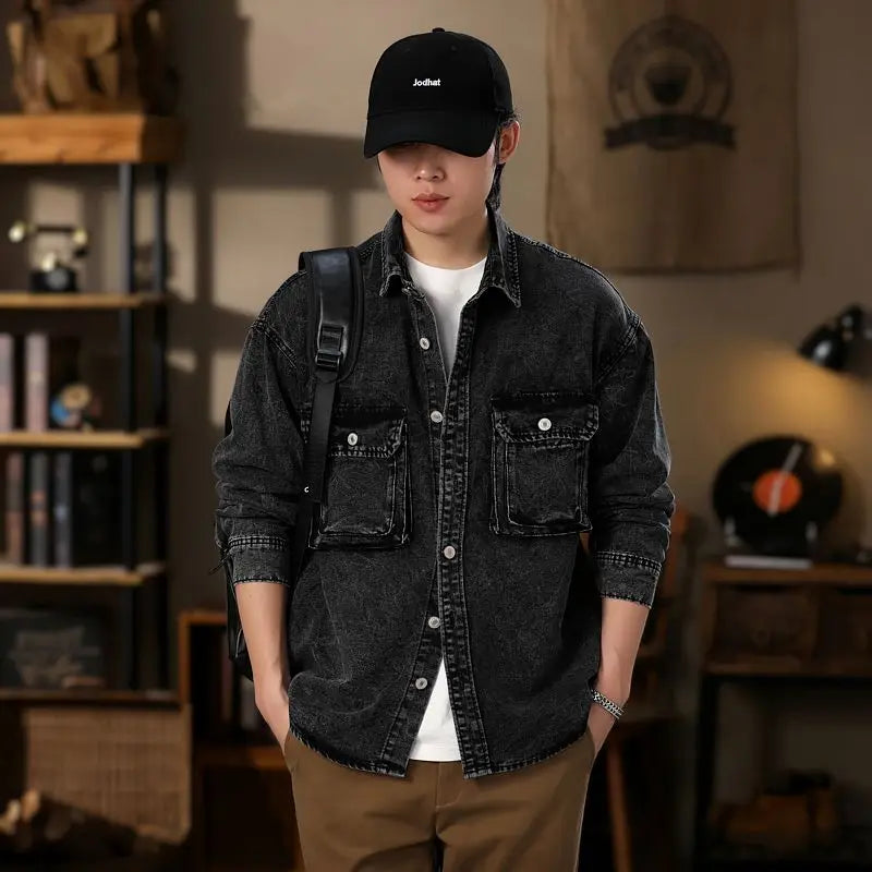Men Fashion Denim Jackets Coats Loose Fit Pockets Solid Turn Down Collar Full Sleeve Regular Jacket Spring 2025 Causal Clothing