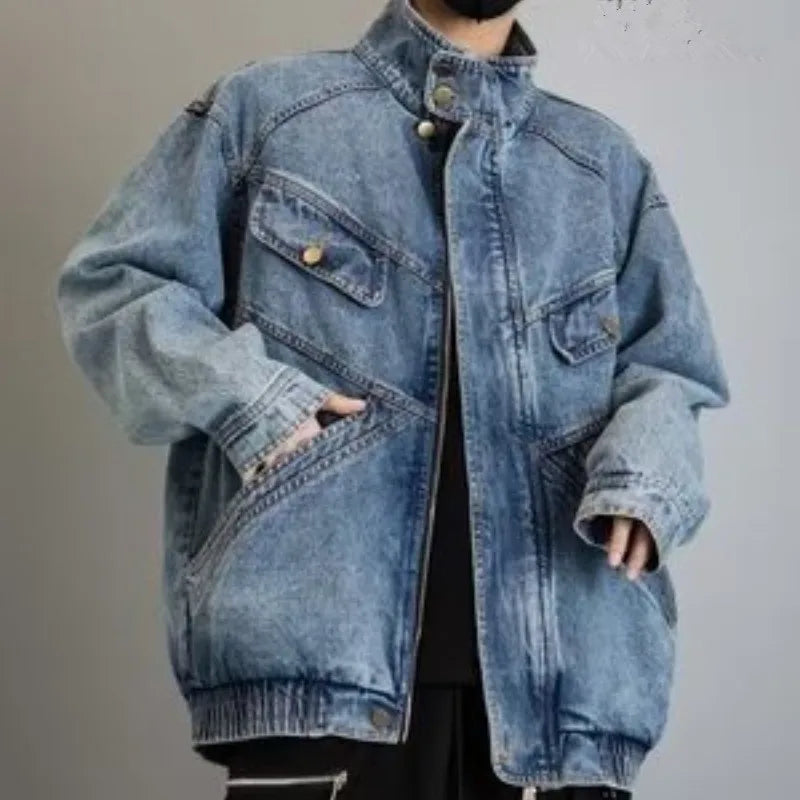 Denim Jacket Men's Spring Autumn New Loose Design Sense of Standing Collar American Vintage Male Women's Cargo Couple Coat 2023