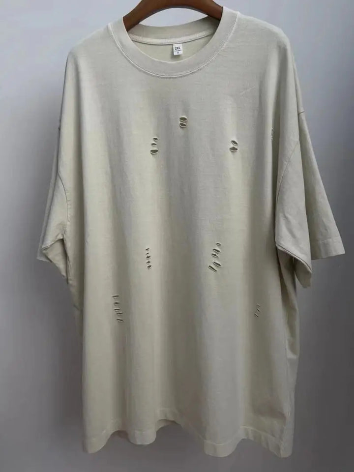 2024 New Ripped Crew Neck Short Sleeve Loose Casual T-Shirt Men's and Women's Same Retro Fashion Bottom Shirt Oversized T Shirt