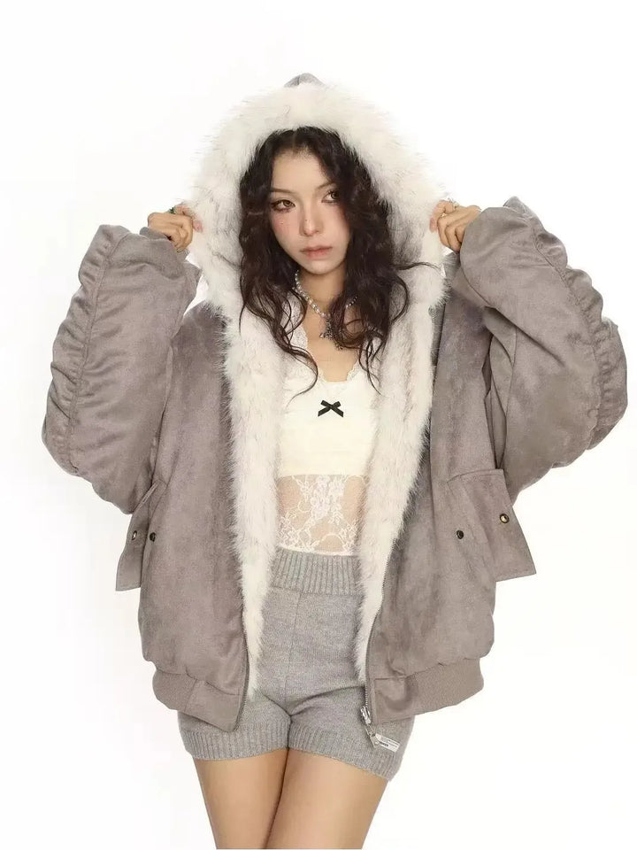 Faux Fur Coat Women 2025 Winter American Retro Fur Coat Women Padded Hooded Cotton-Padded Jacket Plush Casual Harajuku Oversize