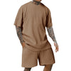 Men's new fashion summer sports solid color crew-neck vertical stripe T-shirt shorts short-sleeved suit Loose two-piece set