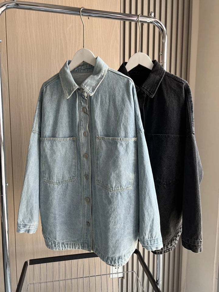Denim Jacket 2025 ETJ Spring new all-cotton large pockets embellished loose version of women's shirt-style denim jacket