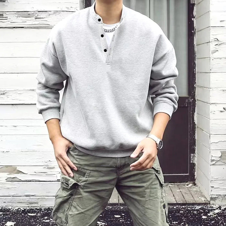 Men's Loose Fit Solid Color Crew Neck Sweatshirt Henry Collar Spring Fashion Retro Japanese Style Streetwear