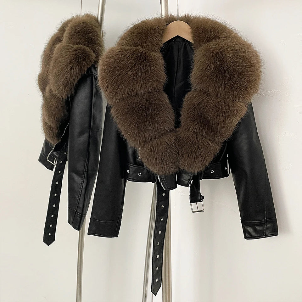 Faux Fur Coat  Female Autumn Faux Leather Jacket Short Clothing Long Sleeve Spring New PU Fur Jacket Artificial Women Pockets