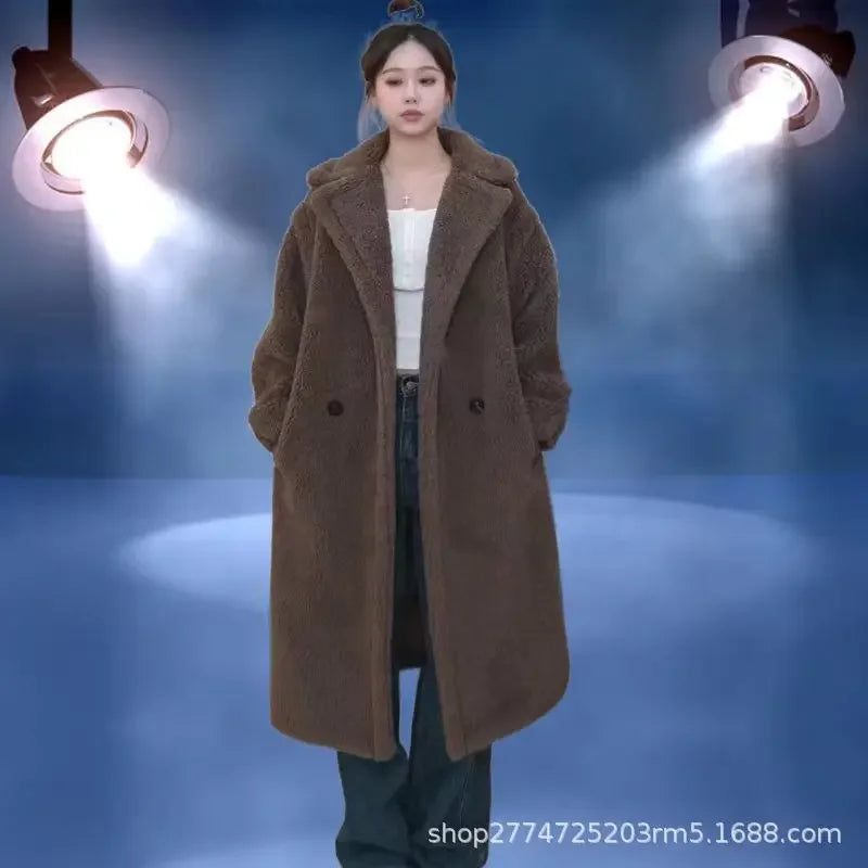 Faux Fur Coats Women Lamb Wool Long Coat Thick Warm Elegant Maxi Turn Down Collar Spring Outerwear Autumn Winter Jackets