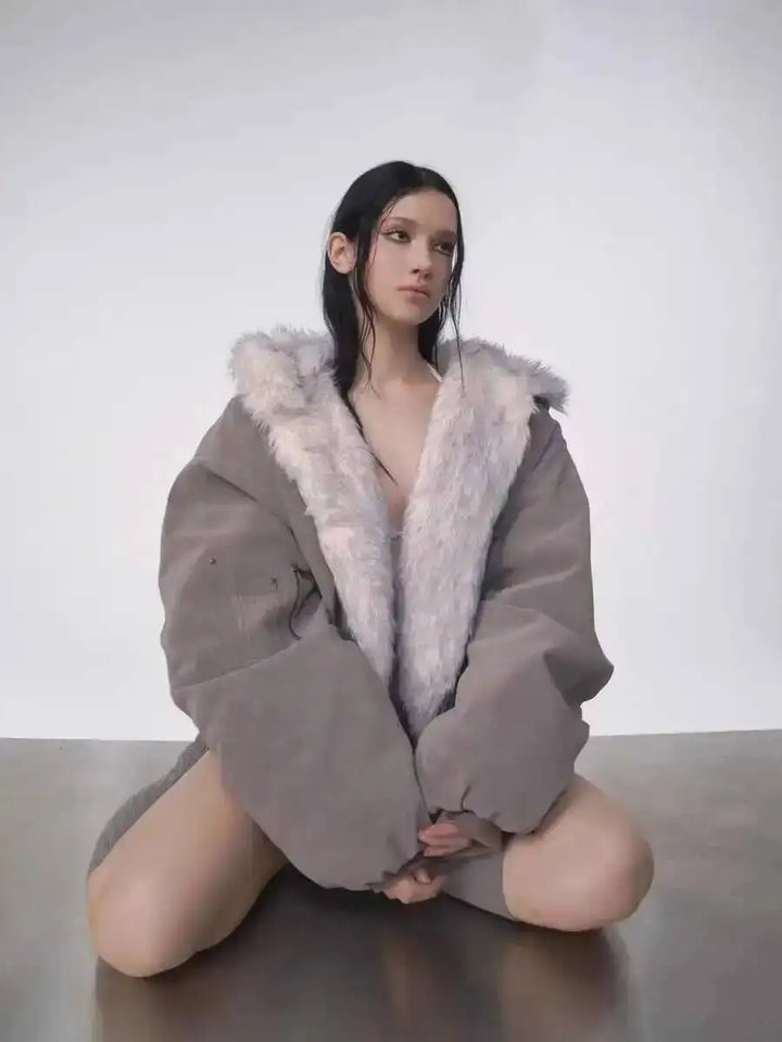 Faux Fur Coat Women 2025 Winter American Retro Fur Coat Women Padded Hooded Cotton-Padded Jacket Plush Casual Harajuku Oversize