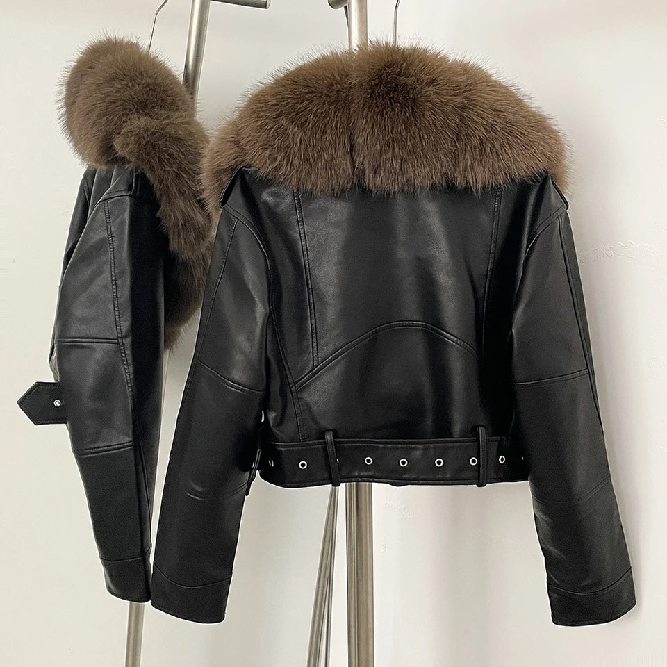 Faux Fur Coat  Female Autumn Faux Leather Jacket Short Clothing Long Sleeve Spring New PU Fur Jacket Artificial Women Pockets