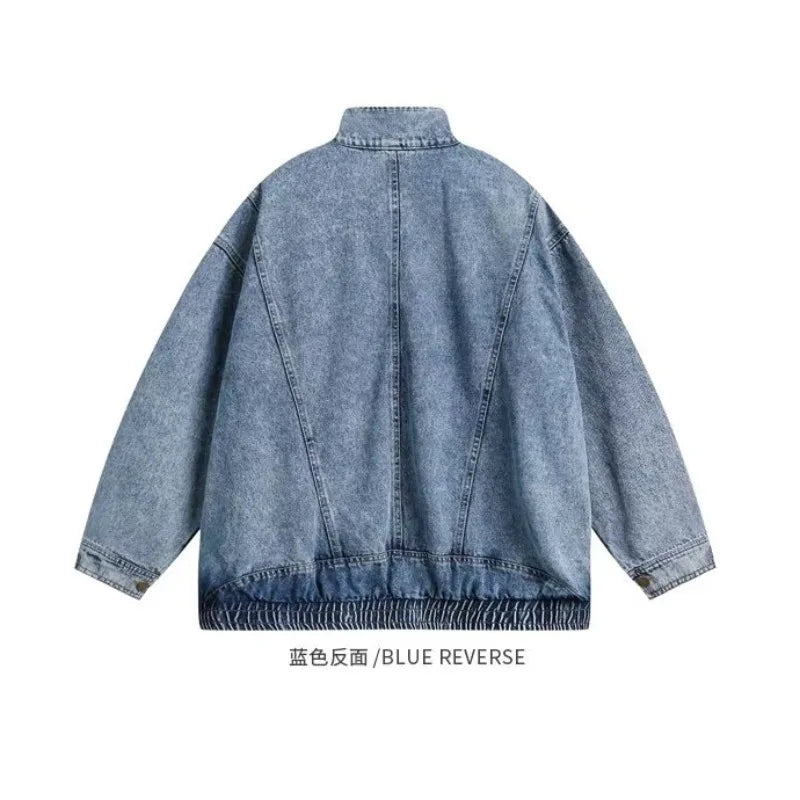 Denim Jacket Men's Spring Autumn New Loose Design Sense of Standing Collar American Vintage Male Women's Cargo Couple Coat 2023