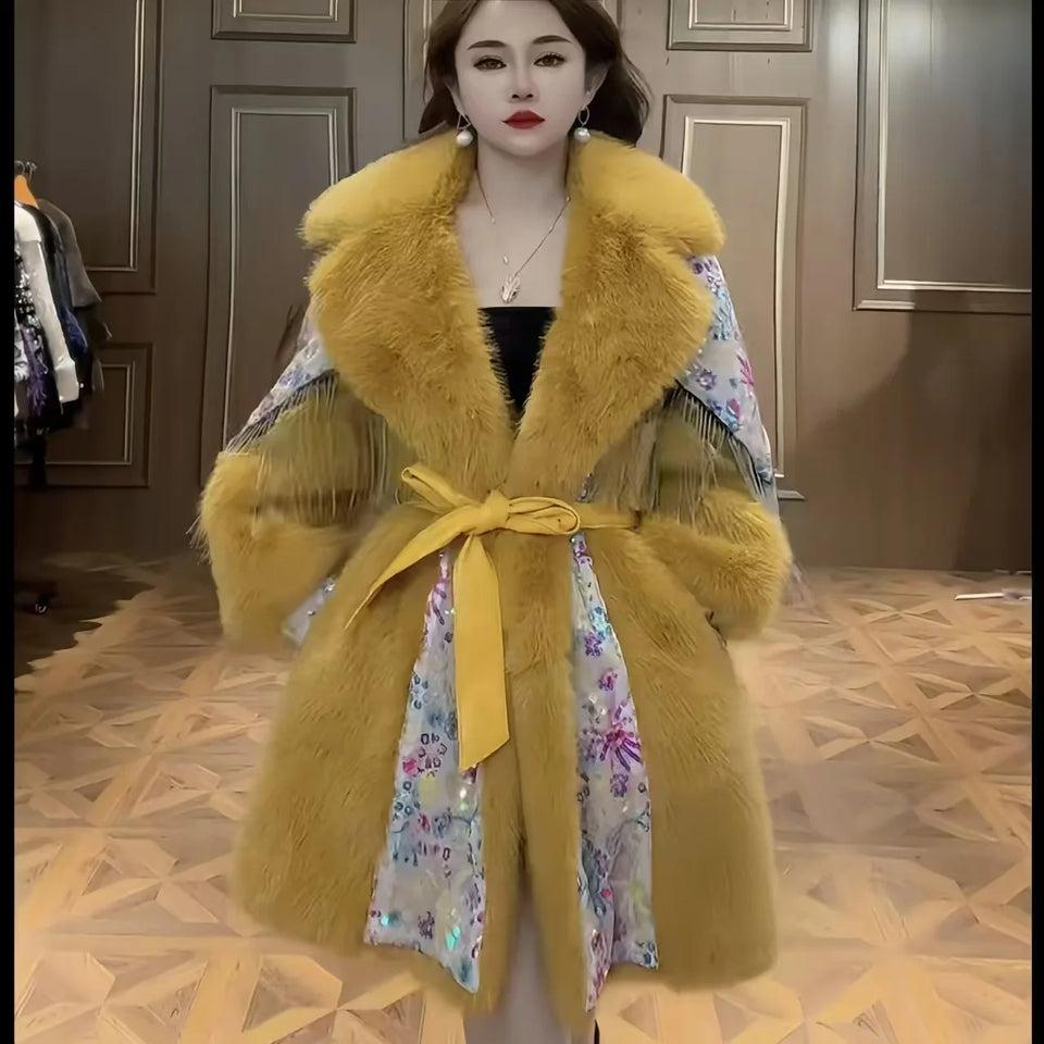 Faux Fur Coat for Women,Adjustable Waist Jacket,Thick Warm Female Clothes,Big Fur Collar,Sequins，Autumn and Winter, 2024