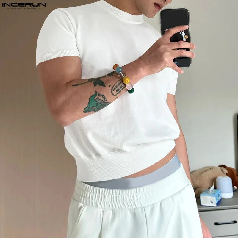 Men T Shirt Solid Color O-neck Short Sleeve Summer Male Crop Tops Streetwear Loose Fashion Casual Men Clothing S-5XL INCERUN