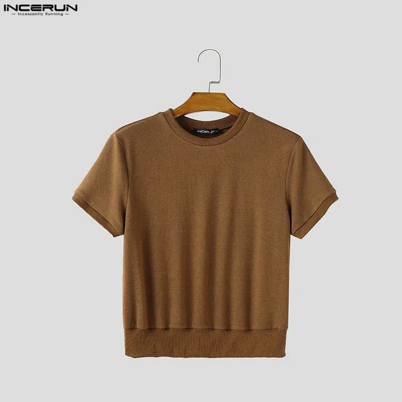 Men T Shirt Solid Color O-neck Short Sleeve Summer Male Crop Tops Streetwear Loose Fashion Casual Men Clothing S-5XL INCERUN