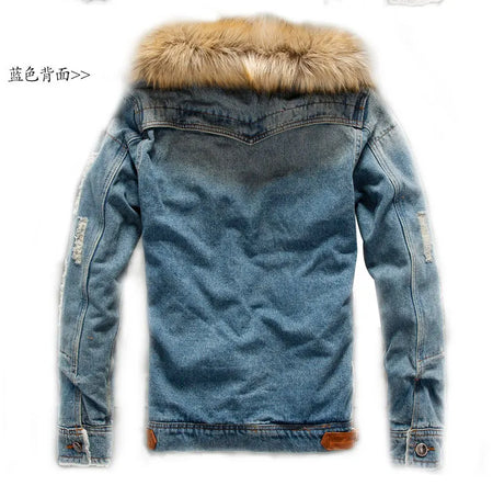 New Men's Fashion Retro Plush Denim Jacket Casual Tear Patch Denim Coat