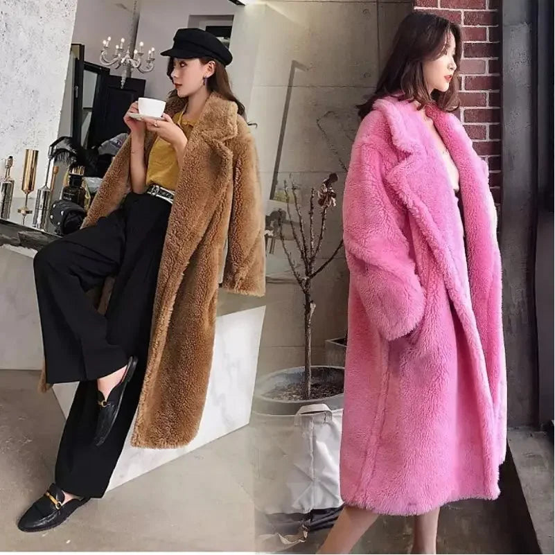 Faux Fur Coats Women Lamb Wool Long Coat Thick Warm Elegant Maxi Turn Down Collar Spring Outerwear Autumn Winter Jackets