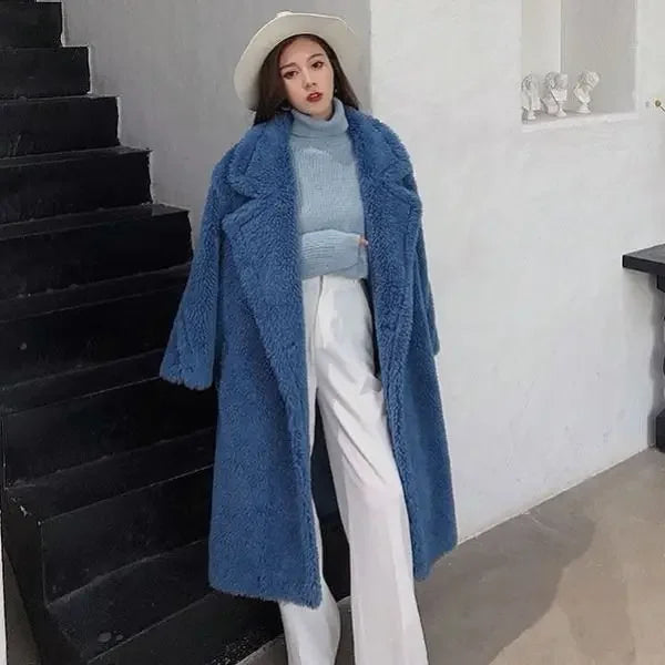 Faux Fur Coats Women Lamb Wool Long Coat Thick Warm Elegant Maxi Turn Down Collar Spring Outerwear Autumn Winter Jackets