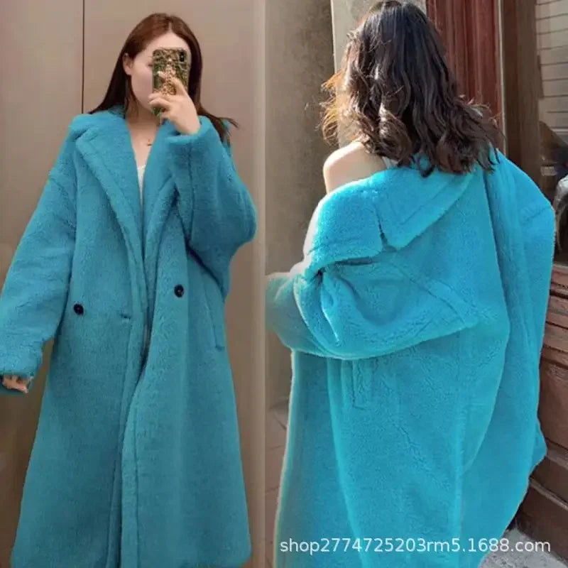 Faux Fur Coats Women Lamb Wool Long Coat Thick Warm Elegant Maxi Turn Down Collar Spring Outerwear Autumn Winter Jackets