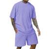 Men's new fashion summer sports solid color crew-neck vertical stripe T-shirt shorts short-sleeved suit Loose two-piece set