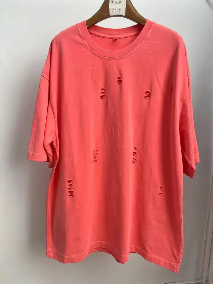 2024 New Ripped Crew Neck Short Sleeve Loose Casual T-Shirt Men's and Women's Same Retro Fashion Bottom Shirt Oversized T Shirt