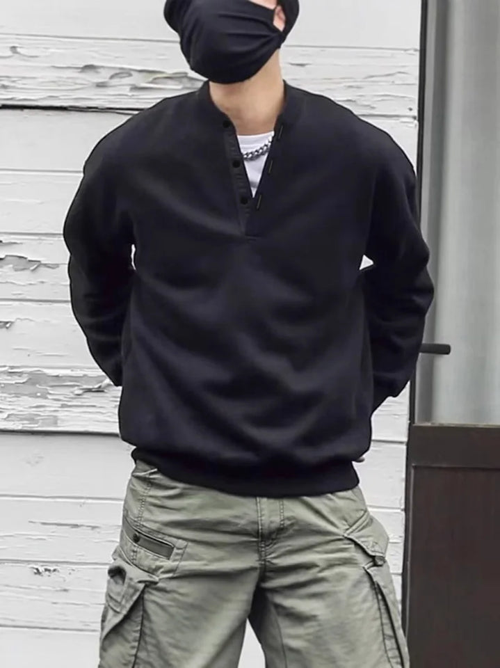 Men's Loose Fit Solid Color Crew Neck Sweatshirt Henry Collar Spring Fashion Retro Japanese Style Streetwear