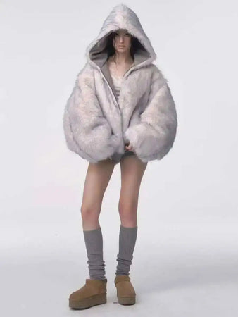 Faux Fur Coat Women 2025 Winter American Retro Fur Coat Women Padded Hooded Cotton-Padded Jacket Plush Casual Harajuku Oversize