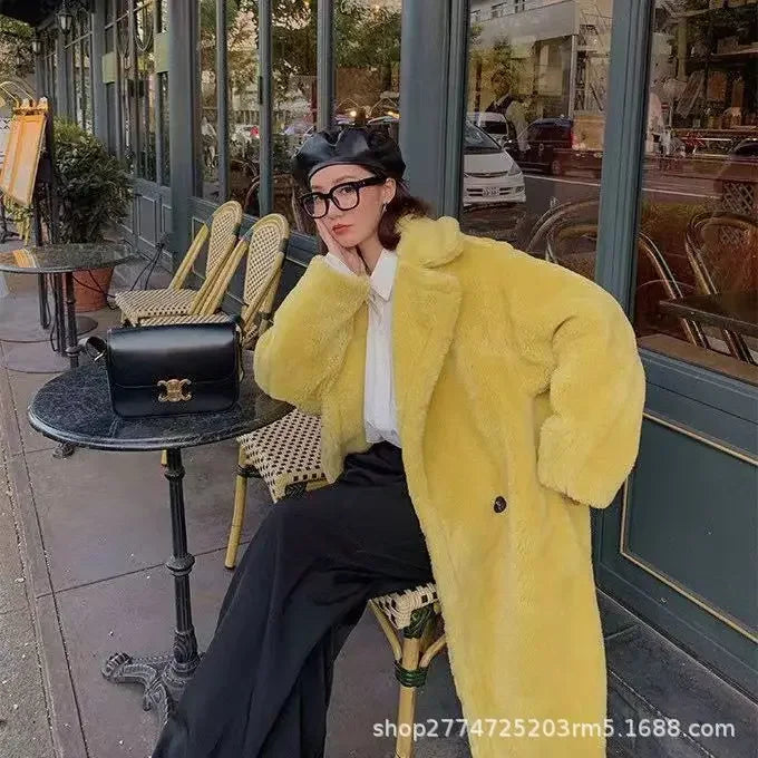 Faux Fur Coats Women Lamb Wool Long Coat Thick Warm Elegant Maxi Turn Down Collar Spring Outerwear Autumn Winter Jackets