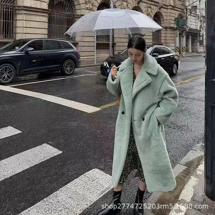 Faux Fur Coats Women Lamb Wool Long Coat Thick Warm Elegant Maxi Turn Down Collar Spring Outerwear Autumn Winter Jackets