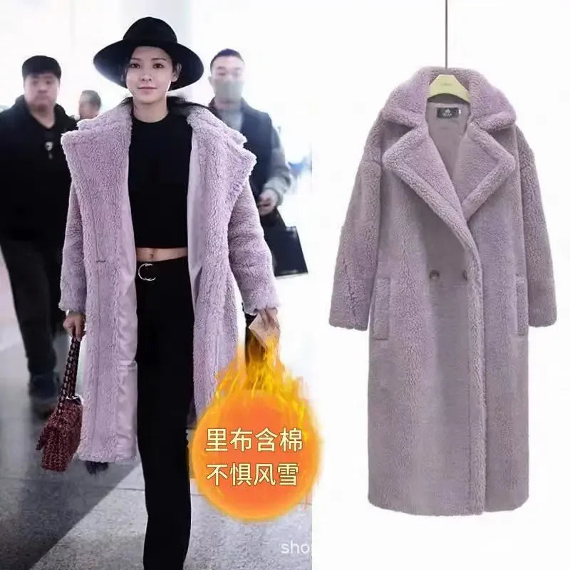 Faux Fur Coats Women Lamb Wool Long Coat Thick Warm Elegant Maxi Turn Down Collar Spring Outerwear Autumn Winter Jackets