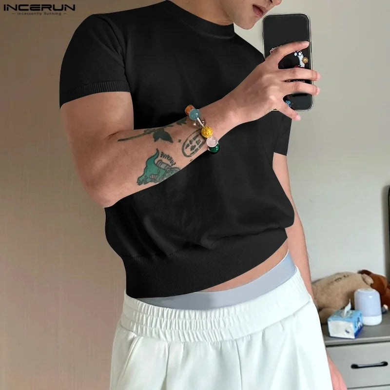 Men T Shirt Solid Color O-neck Short Sleeve Summer Male Crop Tops Streetwear Loose Fashion Casual Men Clothing S-5XL INCERUN