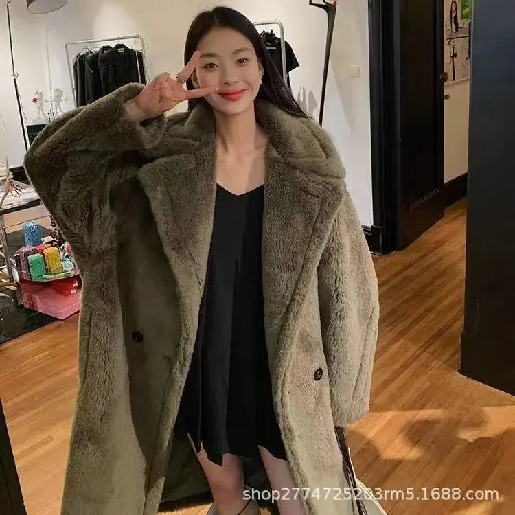 Faux Fur Coats Women Lamb Wool Long Coat Thick Warm Elegant Maxi Turn Down Collar Spring Outerwear Autumn Winter Jackets
