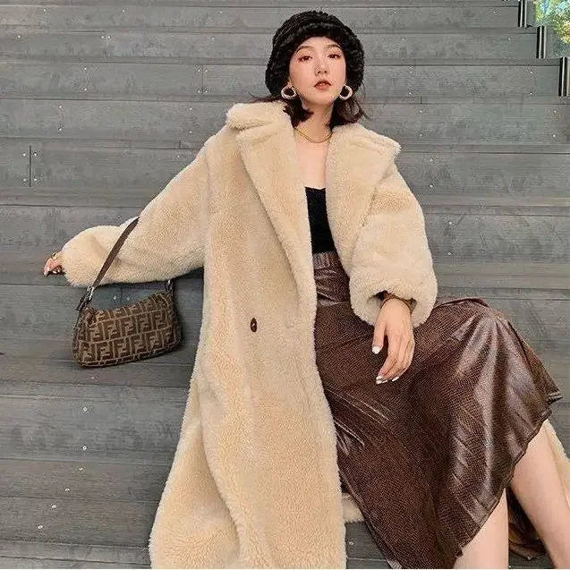 Faux Fur Coats Women Lamb Wool Long Coat Thick Warm Elegant Maxi Turn Down Collar Spring Outerwear Autumn Winter Jackets