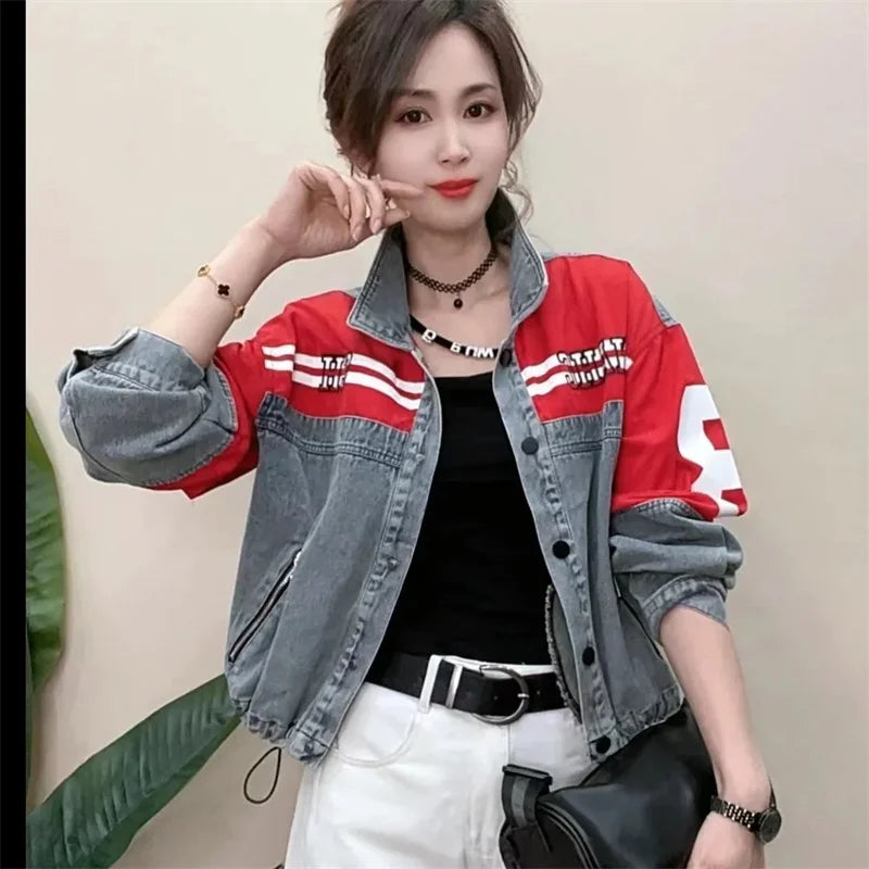 Denim Jacket Women's 2025Spring Autumn New European Fashion Cowboy Coat Female Trend Contrast Jeans Outwear Design Sense Outcoat