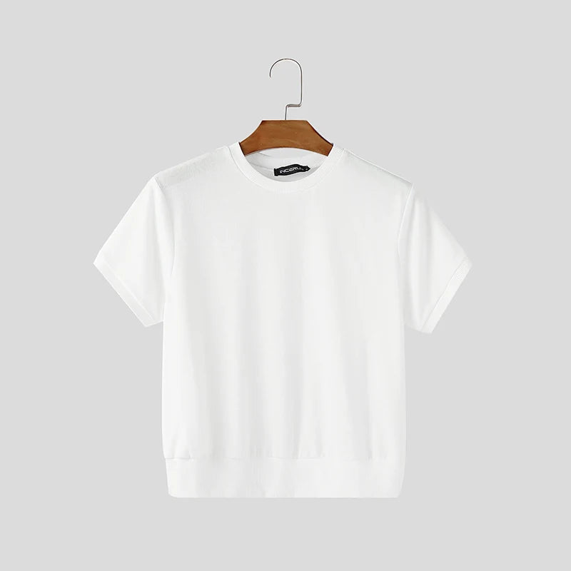 Men T Shirt Solid Color O-neck Short Sleeve Summer Male Crop Tops Streetwear Loose Fashion Casual Men Clothing S-5XL INCERUN