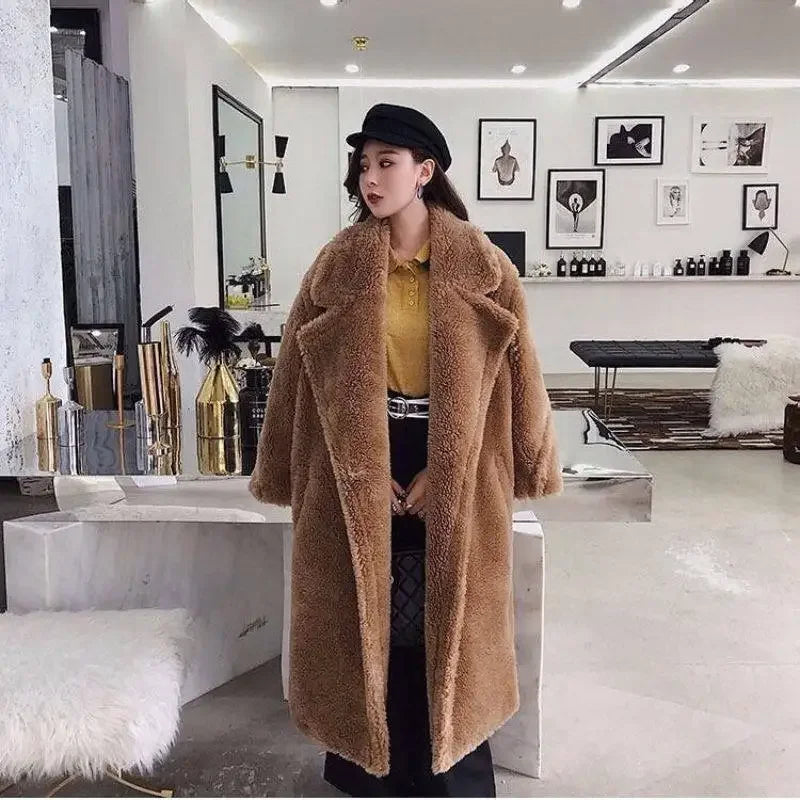 Faux Fur Coats Women Lamb Wool Long Coat Thick Warm Elegant Maxi Turn Down Collar Spring Outerwear Autumn Winter Jackets
