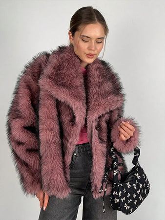 HH Faux Fur Coats For Women Autumn Winter Warm Oversize Outerwear Elegant Yellow Long Sleeve Jacket 2025 Fashion Streetwear