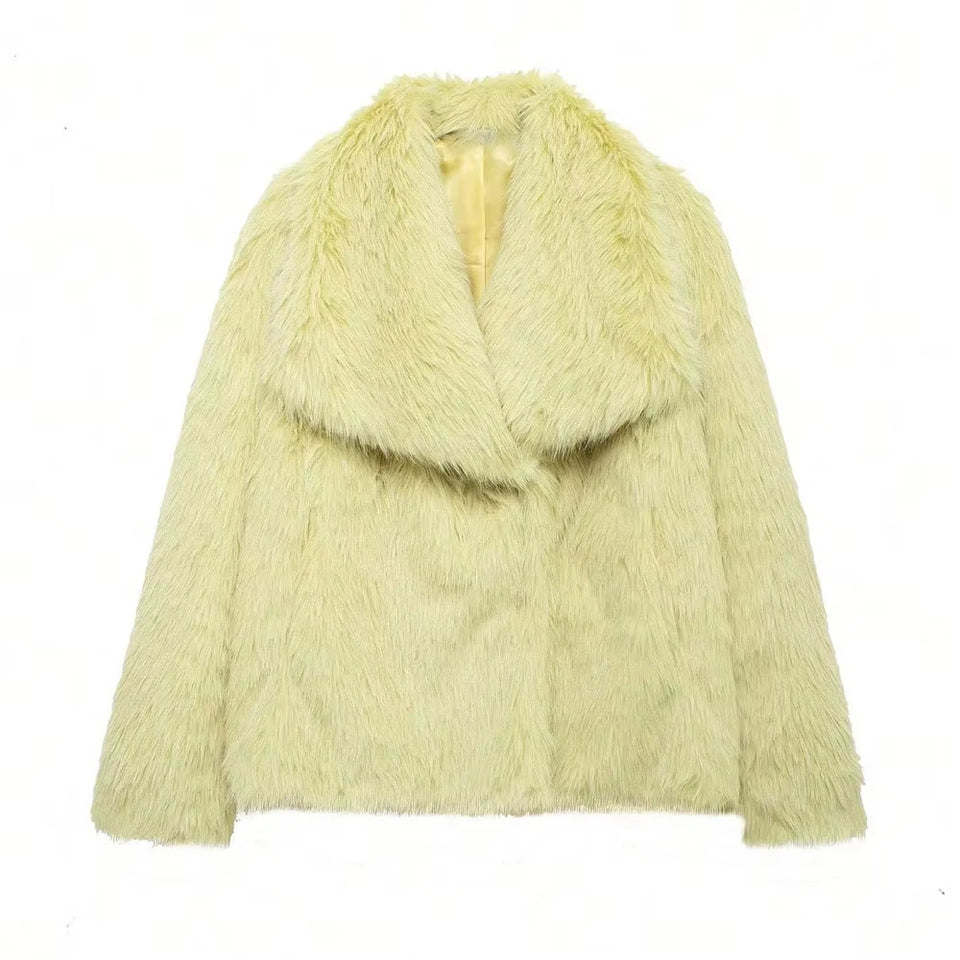 HH Faux Fur Coats For Women Autumn Winter Warm Oversize Outerwear Elegant Yellow Long Sleeve Jacket 2025 Fashion Streetwear
