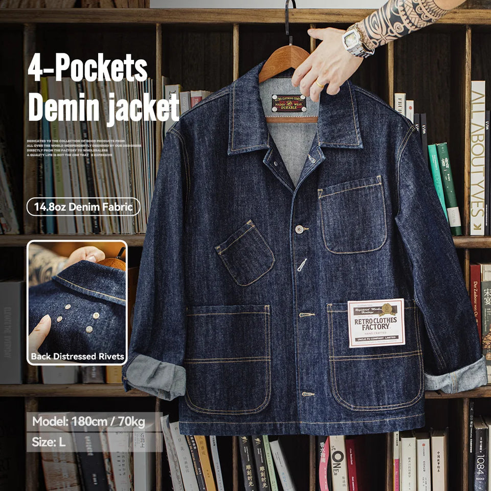 Maden Vintage Asymmetrical Four-pocket 14oz Denim Jacket Lapel Single-breasted Jacket Navy Blue Cotton Work Coat for Men's Fall